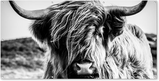 Schuttingposter Koe - Schotse hooglander - Zwart - Wit - Dier - Natuur - Wild - 200x100 cm - Tuindoek