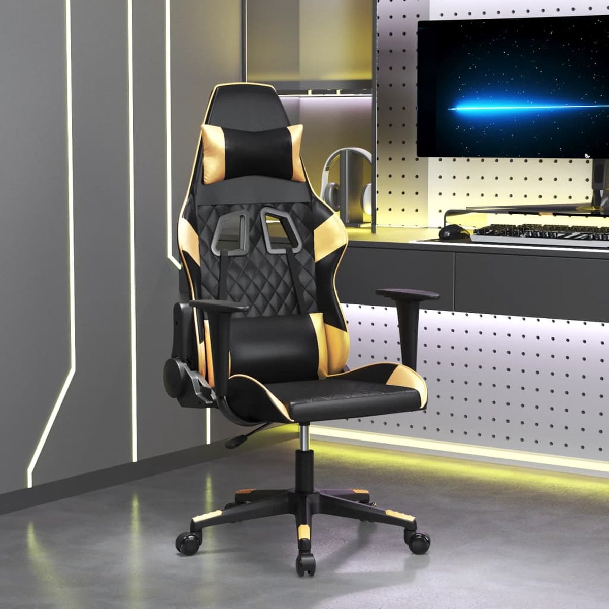 vidaXL Massage - gamestoel - kunstleer - zwart - en - goudkleurig Zwart en goud