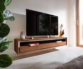 Meuble TV Stonegrace 175 cm plaqué pierre marron acacia 3 tiroirs 1 étagère flottante