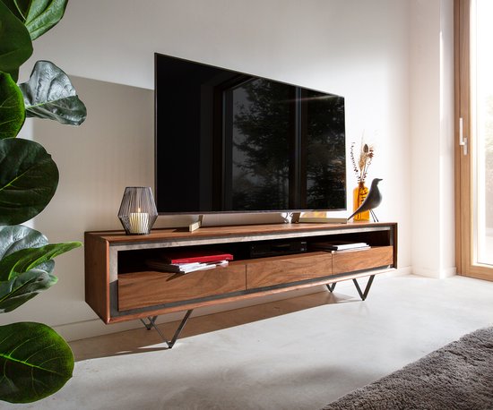 Tv-meubel Stonegrace acacia bruin steenfineer 175 cm 3 laden 1 legplank V-poot zwart Tv-meubel