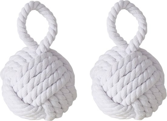 Boltze deurstopper knoop - 2x - 1.2 kilo - wit - jute - 23 x 15 cm