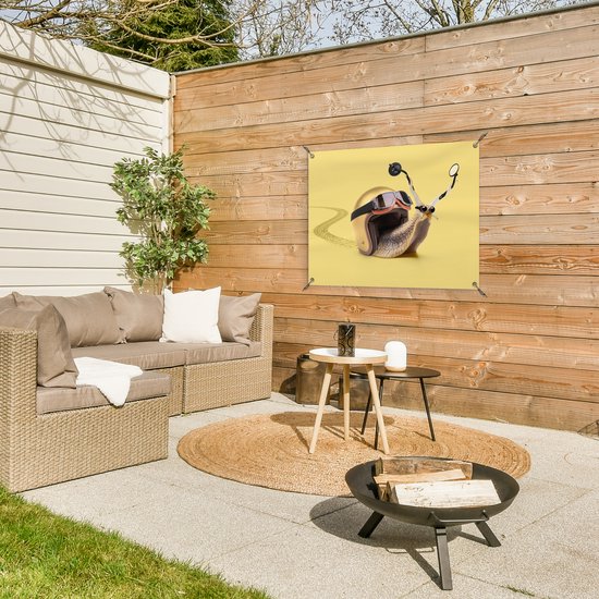 Tableau de jardin Escargot - Animaux - Casque - Jaune - Miroirs - 80x60 cm - Affiche de jardin - Toile de jardin - Affiche d'extérieur