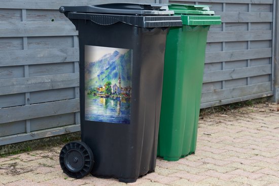 Container sticker Schilderij - Olieverf - Huis - Bergen - Water - 40x60 cm - Kliko sticker