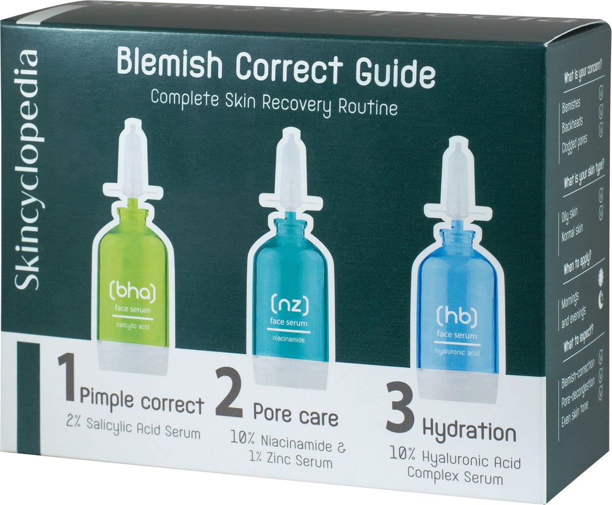 Goedkoopste Skincyclopedia Blemish Correct Guide – Complete 3-Stappen Huidherstelroutine tegen Oneffenheden – Bevat 3x15 ml Gezichtsserums – Verfijnt Poriën, Vermindert Puistjes & Kalmeert de Huid – Geschikt voor Alle Huidtypes