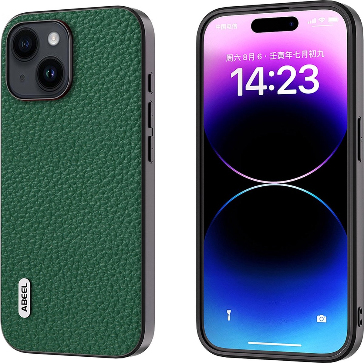ABEEL lederen telefoonhoesje voor iPhone 14 Plus in het groen met relief