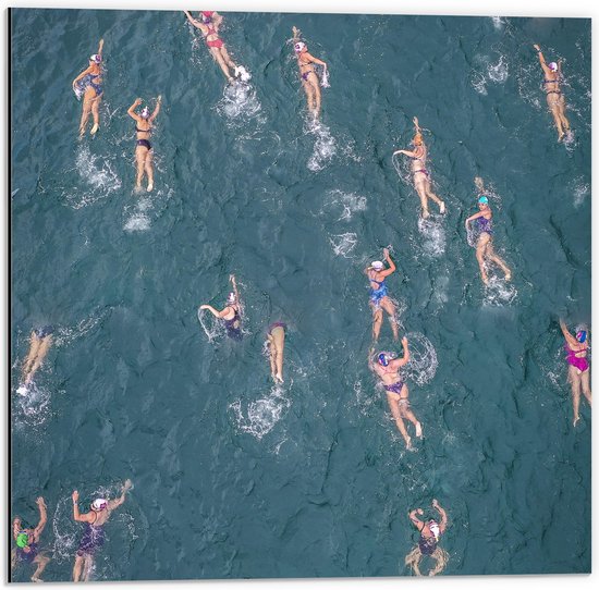 Dibond - Water - Zee - Personen - Zwemmen - 50x50 cm Foto op Aluminium (Wanddecoratie van metaal)