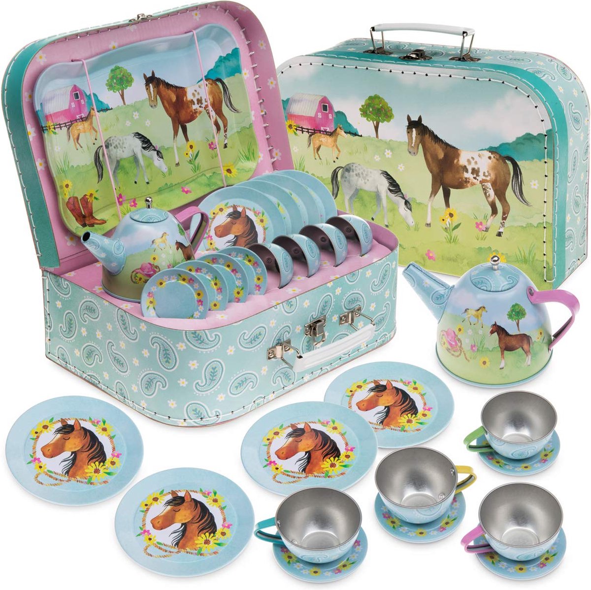 Jewelkeeper© - Theeset en boodschappentas voor kinderen in blik, speelkeuken voor kinderen, 15-delig - Paardendesign