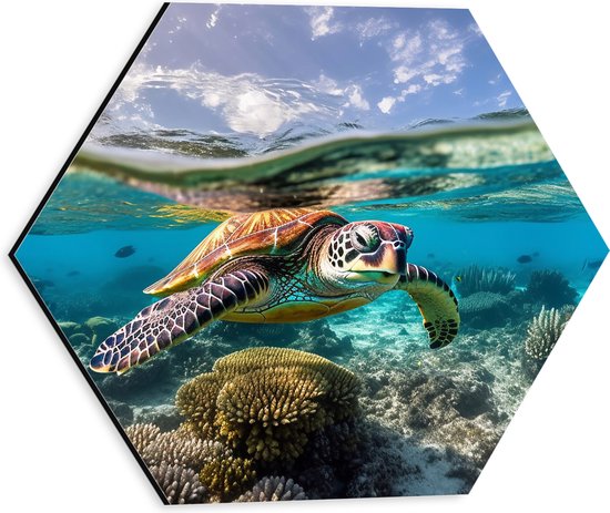 Dibond Hexagon - Bruine schildpad zwemt door de zee met koraal - 30x26.1 cm Foto op Hexagon (Met Ophangsysteem)