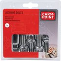 Verpakking met vier zilverkleurige wielslotbouten en een sleutel. Tekst: Locking Bolts, Wielmoerslotset, Demonte roue, Felgen Diebstahlsicherung.