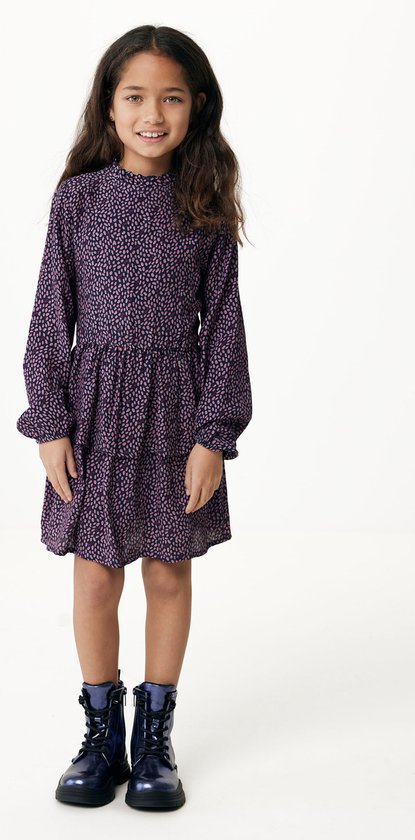 Printed Jurk With Layered Rok And Ruffled Collar Meisjes - Navy - Maat 146-152