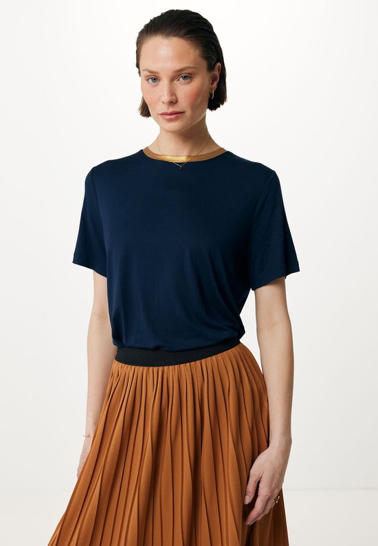 Short Sleeve Tee With Foil Coated Neckline Dames - Navy - Maat L