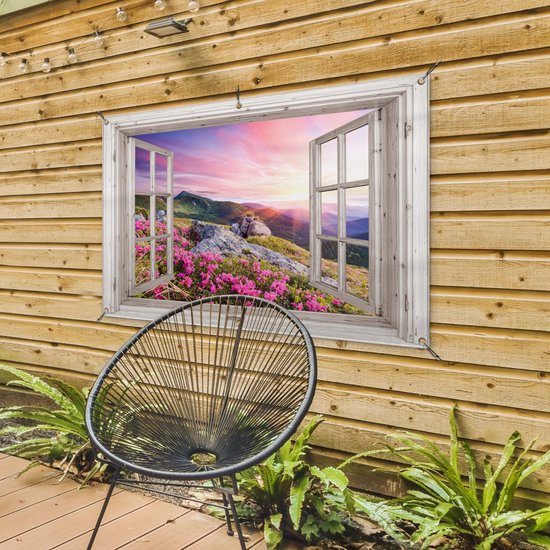 Affiche de jardin - Transparente - Fleurs - Montagnes - Coucher de soleil - Paysage - 120x80 cm - Décoration de clôture - Affiche de jardin transparente