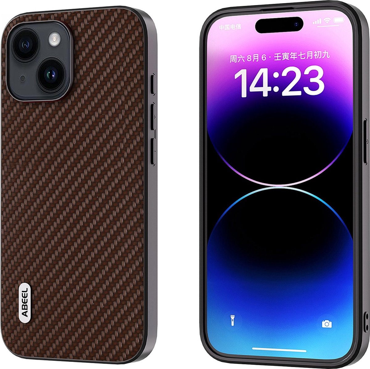 ABEEL carbon beschermende telefoonhoes met koolstofvezel textuur voor iPhone 14 Plus donker bruin