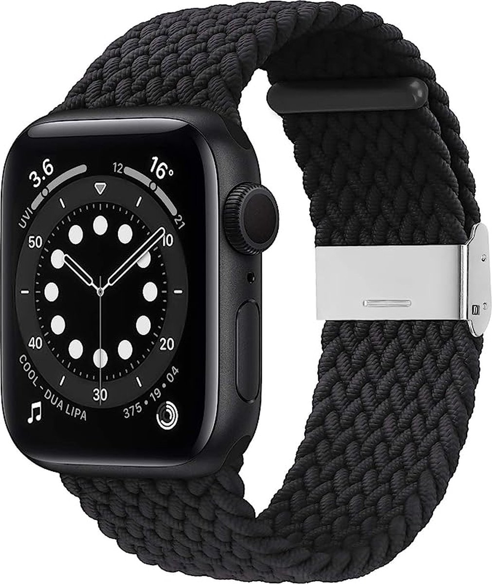 Stravo Gevlochten Nylon Bandje - Geschikt voor Apple Watch 42mm (Series 11/10), 41mm (Series 9/8/7), 40mm (Series 6/5/4/SE 1/2/3), 38mm (Series 3/2/1) - Verstelbaar elastisch Apple Watch Horlogebandje met gesp - Zwart