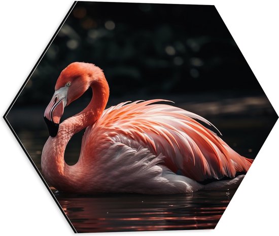 Dibond Hexagon - Flamingo drijft over het water heen - 40x34.8 cm Foto op Hexagon (Met Ophangsysteem)