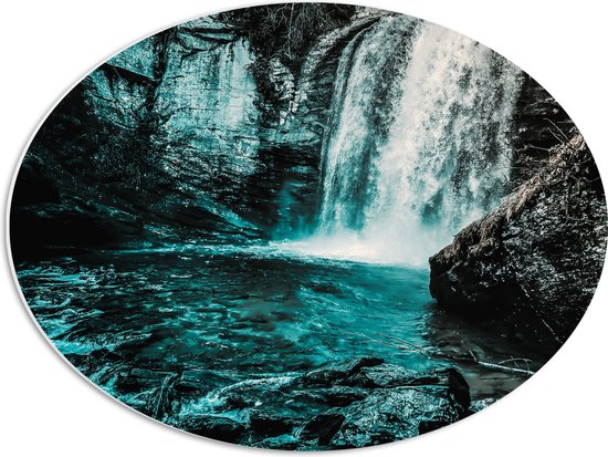 PVC Schuimplaat Ovaal - Water - Waterval - Takken - Stenen - Blauw - 56x42 cm Foto op Ovaal (Met Ophangsysteem)