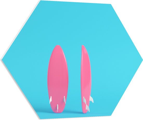 PVC Schuimplaat Hexagon - Twee Roze Surfboads tegen Felblauwe Achtergrond - 80x69.6 cm Foto op Hexagon (Met Ophangsysteem)
