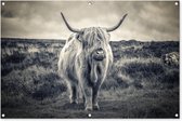 Tuinposter - Tuindoek - Tuinposters buiten - Schotse hooglander - Dieren - Wolken - Koe - Natuur - 120x80 cm - Tuin