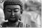 Tuindecoratie Boeddha - Grijs - Spiritualiteit - Buddha beeld - Religie - 60x40 cm - Tuinposter - Tuindoek - Buitenposter