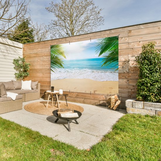 Muurdecoratie Strand - Zand - Zee - Palmboom - 180x120 cm - Tuinposter - Tuindoek - Buitenposter