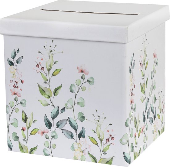 Witte kartonnen trouwdoos met een all-over print van groen gebladerte en kleine roze en witte bloemen.