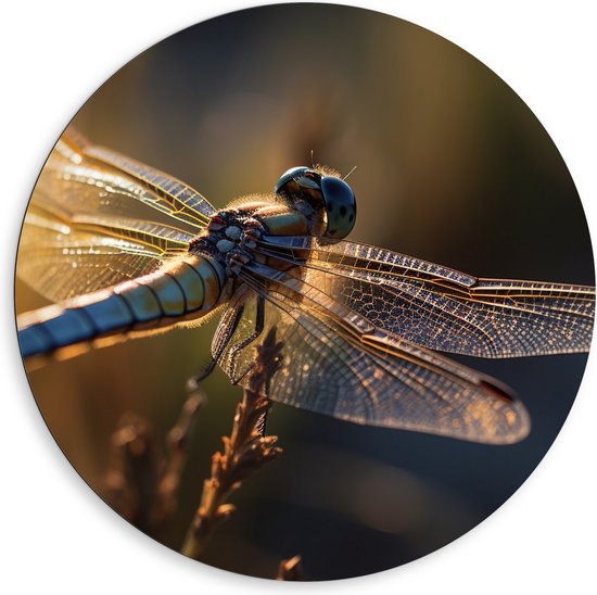 Foto: Dibond muurcirkel blauwe libel staat op bloem met gedetaileerde doorzichtige vleugels 80x80 cm foto op aluminium muurcirkel met ophangsysteem 