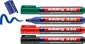 edding 330 Marqueur permanent - noir, rouge, bleu, vert - 4 stylos - pointe biseautée 1-5 mm - sèche vite, résiste à l'eau et aux frottements - pour carton, plastique, bois, métal, verre