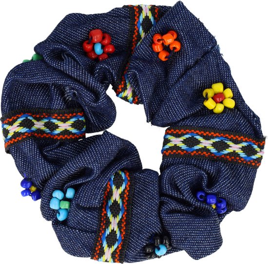 Scrunchie Haarelastiek Ibiza Kralen Sierband Jeans Blauw Haar Krinkel Elastiek