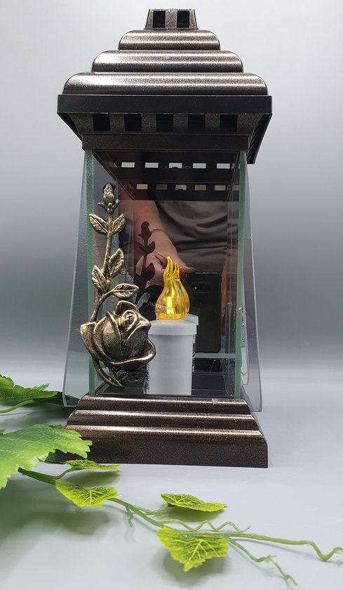 Lampe commémorative - L-12a - Lanterne - Rose - Or - Miroir - Lampe à vent - Lampe funéraire - Lanterne funéraire - Décoration funéraire