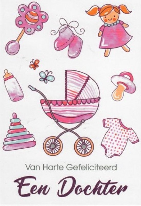 Een dochter geboren! Van harte gefeliciteerd! Een leuke kaart met een wandelwagen, speen, auto, drinkflesje en kleding. Een dubbele wenskaart inclusief envelop en in folie verpakt.
