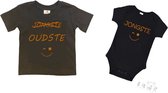 2-pack - T-shirt "Oudste"- Grote broer/zus T-shirt - (maat 110/116) & Soft Touch Romper "Jongste" Zwart/tan maat 56/62 set van 2
