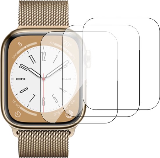 Gouden Apple Watch 40mm met milanese band, met drie beschermende folies ernaast.