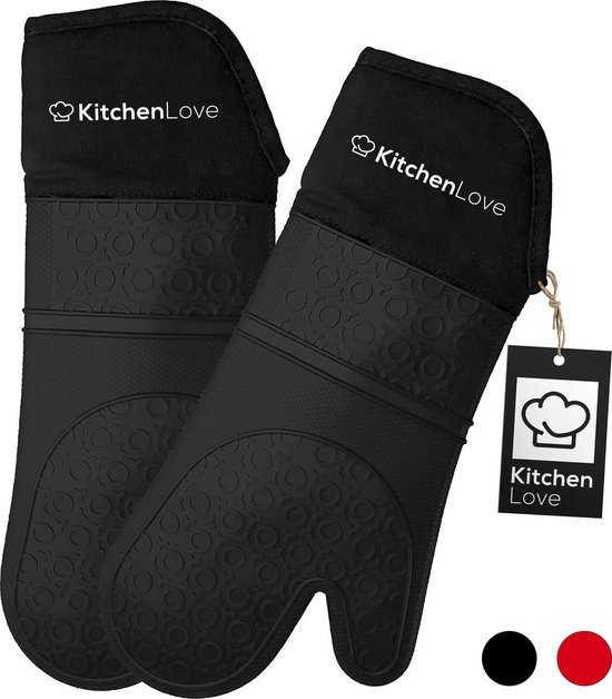 KitchenLove Siliconen Ovenwanten - 2 Stuks - Ovenhandschoenen - Hittebestendig tot 250 °C - Zwart cadeau geven