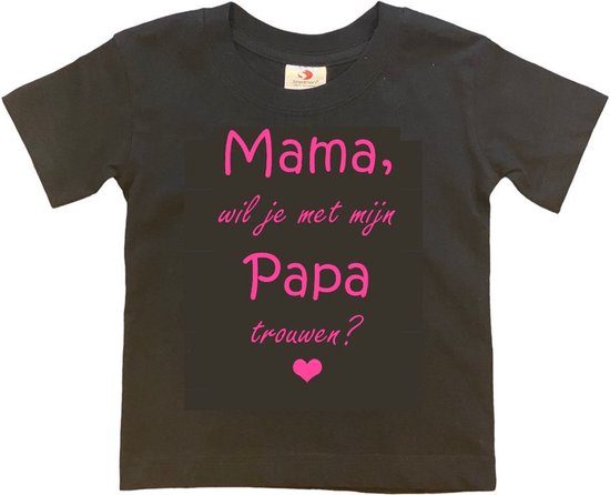 T-shirt Kinderen "Mama, wil je met mijn papa trouwen?" | korte mouw | Zwart/roze | maat 98/104