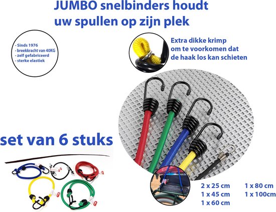 Foto: Jumbo snelbinder fietsbinder 6 stuks 2x25 1x45 1x60 1x80 1x100cm 20 kg met extra stevig softe haken 