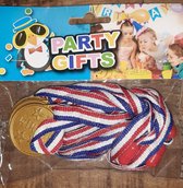 Party Gifts - 5 gouden medailles met lint rood wit blauw - uitdeelcadeau - goudkleurig plastic - voor kinderfeest 1e prijs medaille met koord - 3.5 cm