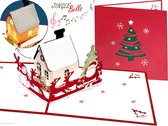 Popcards popupkaarten – 3D Kerstkaart MUZIEK Jingle Bells én LICHT | Besneeuwd verlicht kersthuisje met kerstman en arrenslee pop-up kaart muziekkaart