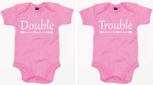 Baby Romper set Double Trouble 6-12 maand - Roze - Rompertjes baby met tekst - Rompertjes voor tweeling