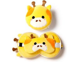 foto van Giraf - Ronde Knuffel - Reiskussen & Slaapmasker - 3-in-1 voor kinderen - Knuffeldier - Kussentjes en slaapmaskers voor onderweg, in het vliegtuig of in de auto