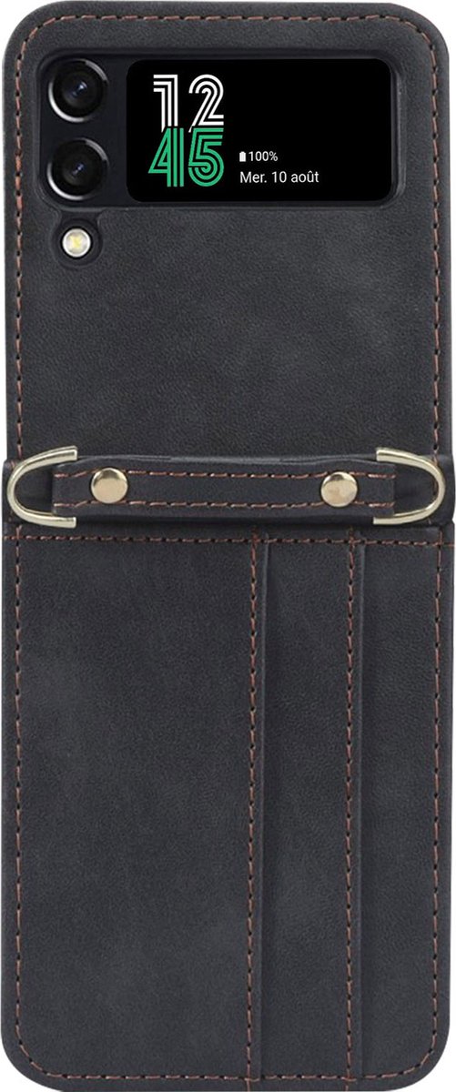 Leren Case Geschikt voor Samsung Z Flip 4 kaarthouder schouderriem Versatile Zwart