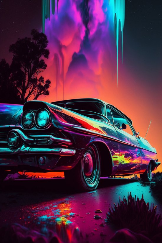 Auto Neon Poster - Oldtimer - Vintage Auto - Vintage - Auto - Auto Kunst - Cadillac - Amerikaanse Auto - Woondecoratie - posters - formaat 50x70cm - S679