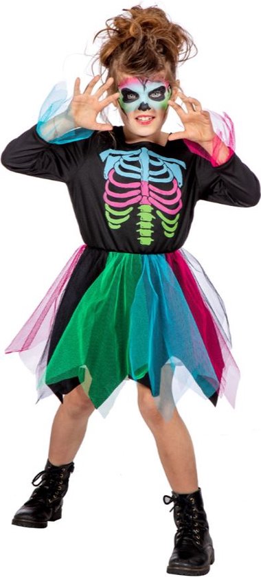 Wilbers & Wilbers - Spook & Skelet Kostuum - Trek In Een Kleurig Hapje Skelet - Meisje - Blauw, Groen, Roze, Zwart - Maat 116 - Halloween - Verkleedkleding