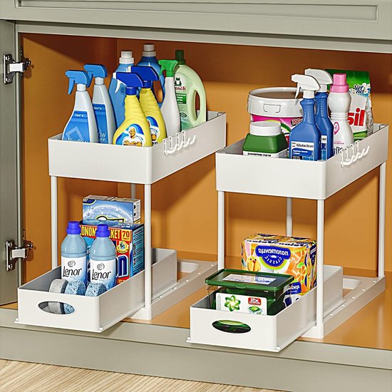 Foto: Joyage keukenkast organizer uitschuifbaar wit schuiflade keukenkast aanrecht organiser keuken organizers kast organizer organizer lade organizer under sink organizer gootsteenkast organizer keukenrek badkamer organizer