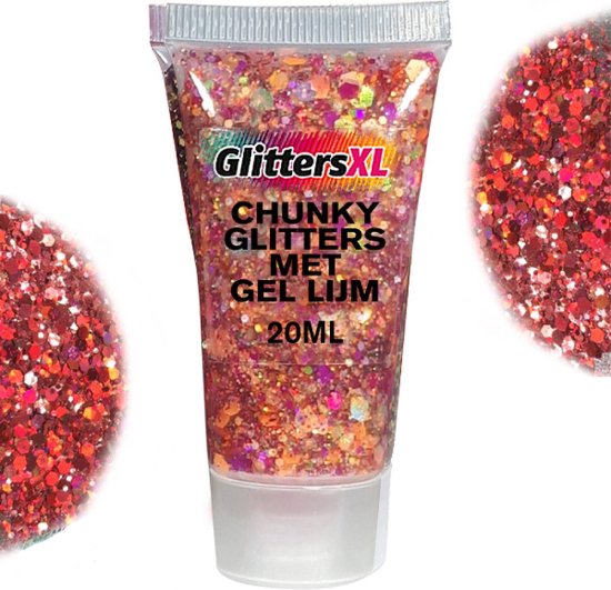 Foto: Chunky glitters met gel lijm tube paars rood volume 20ml festival jewels glitter outfit lichaam en gezicht make up diamond dots face body diamantjes strass steentjes kinderen volwassenen dames makeup tattoo mastix schmink 