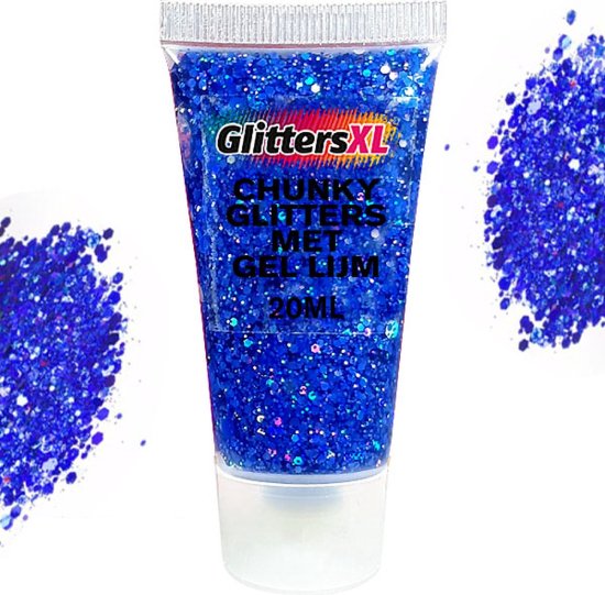 Foto: Chunky glitters met gel lijm tube blauw volume 20ml festival jewels glitter outfit lichaam en gezicht make up diamond dots face body diamantjes strass steentjes kinderen volwassenen dames makeup tattoo mastix schmink 