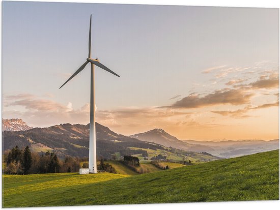 Vlag - Windmolen - Landcshap - Bergen - Gras - Bomen - Wolken - 100x75 cm Foto op Polyester Vlag