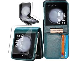 Book Case Hoesje geschikt voor Samsung Galaxy Z Flip 5 + Screenprotector - Flip Portemonnee Turquoise met Screen Protector