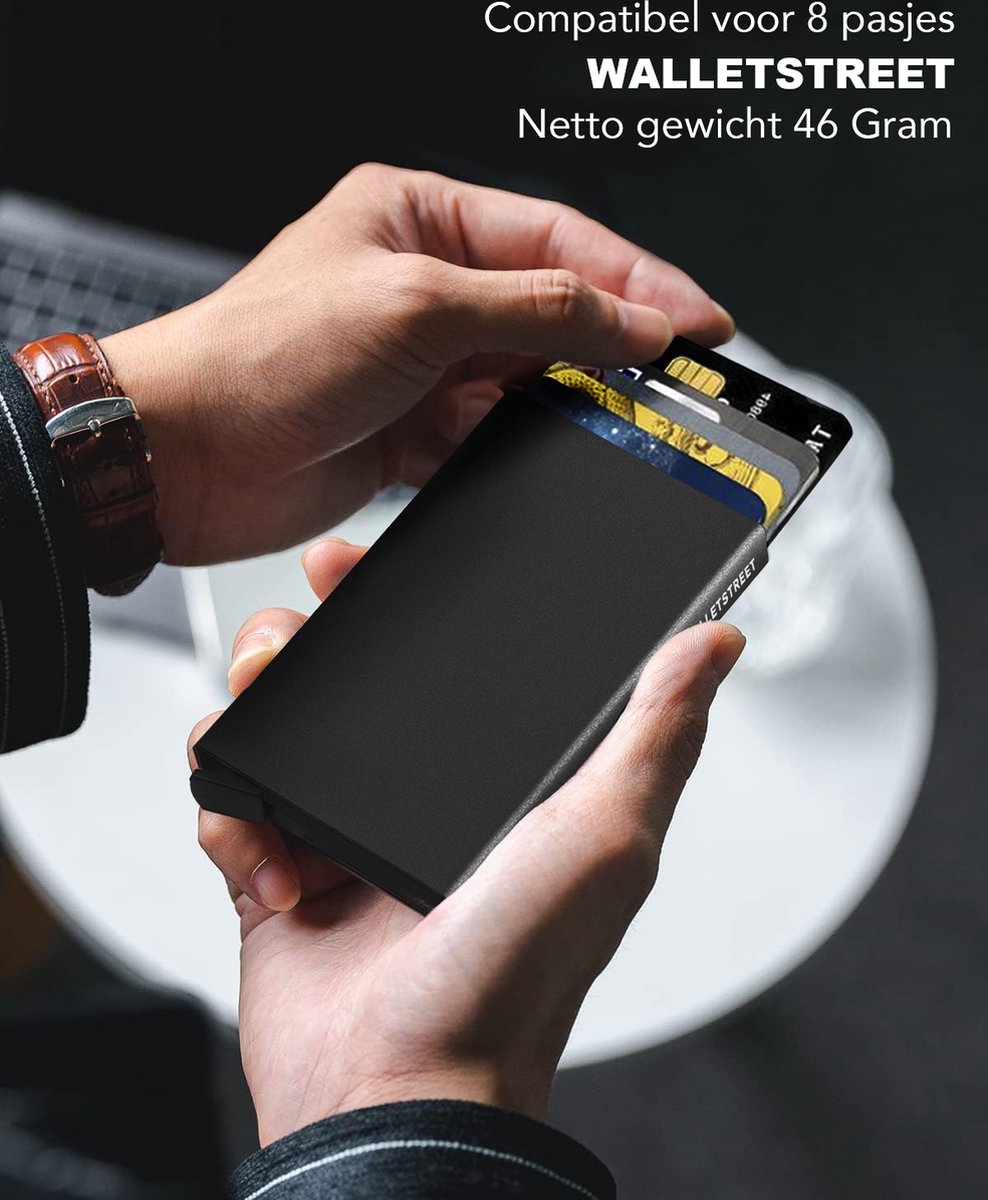 Walletstreet Uitschuifbare Pasjeshouder - Walletstreet Aluminium Creditcardhouder Card Protector Anti-Skim/ RFID Card Protector 8 Pasjes – Zwart Black — cadeau in Mode & Accessoires - foto 3
