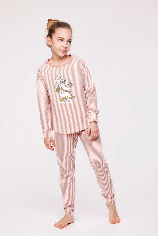 Woody pyjama meisjes/dames - roze-gebroken wit- gestreept - haas - 232-10-PZG-Z/919 - maat 176