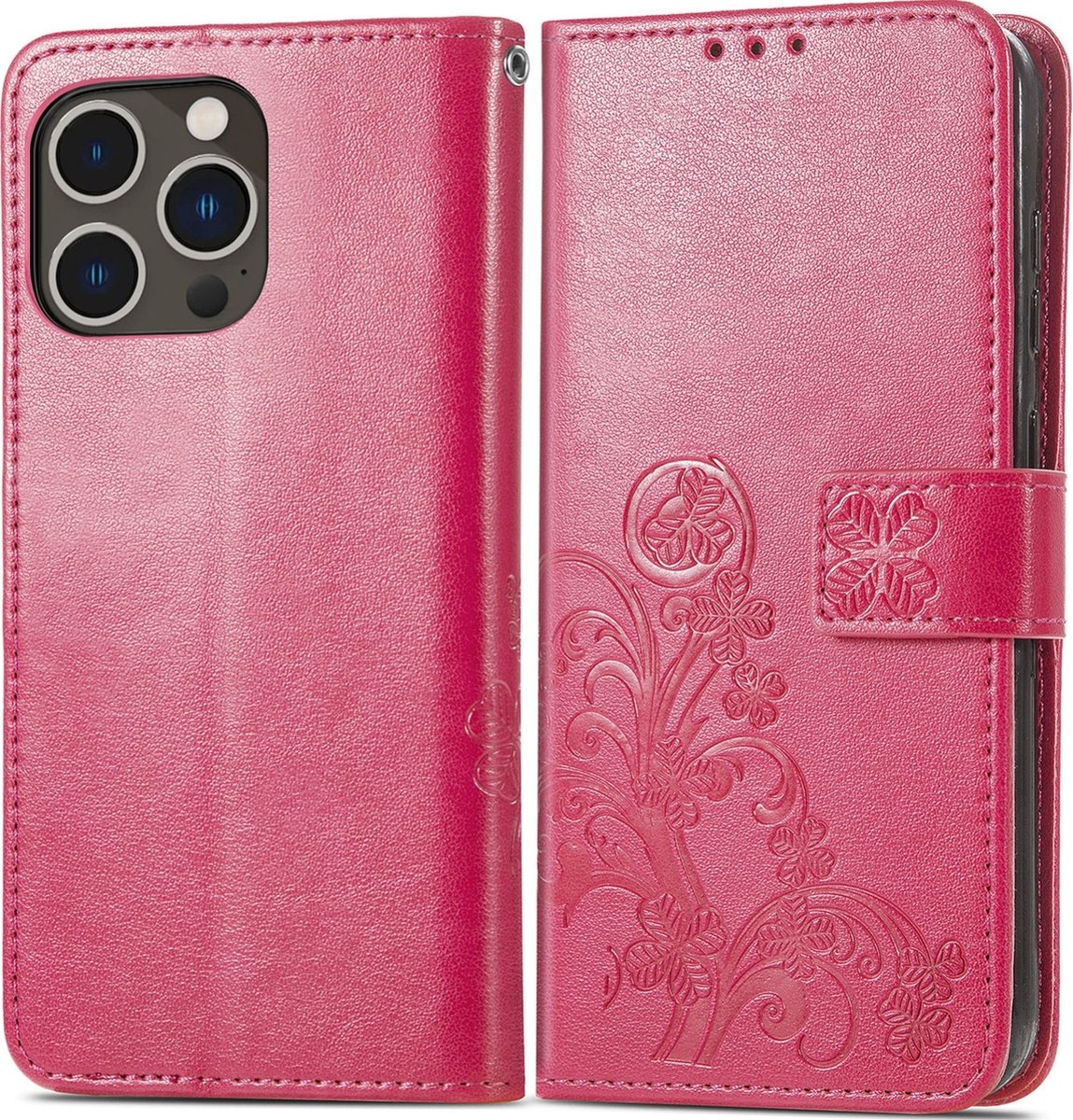 Mobigear Telefoonhoesje geschikt voor Apple iPhone 15 Pro Max Hoesje | Mobigear Clover Bookcase Portemonnee | Pasjeshouder voor 3 Pasjes | Telefoonhoesje voor Pinpas / OV Kaart / Rijbewijs - Magenta